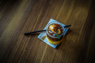 High angle view of tea in glass on table