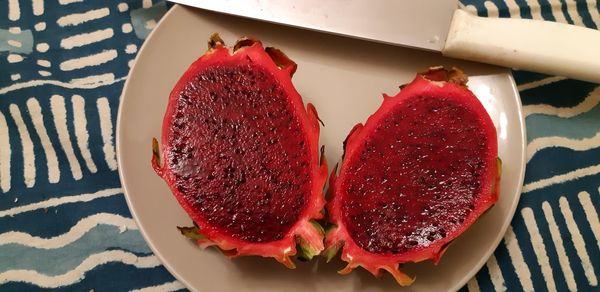 High angle view of strawberries on table