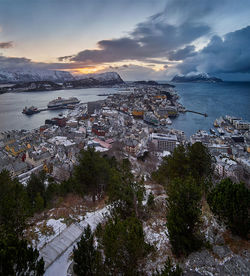 View over Ålesund from aksla mountain during an incoming snowstorm, norway.