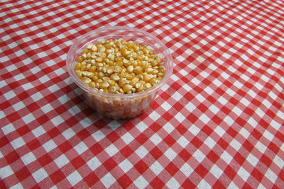 High angle view of eggs in bowl on table