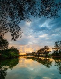 Scenic view of lake against sky during sunset