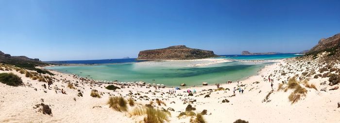 Panoramic view of beach against clear blue sky