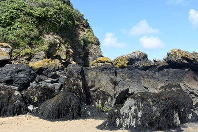 Rock formation amidst trees against sky