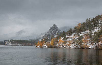 Scenic view of lake by trees against sky