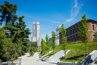 Trees and buildings against sky