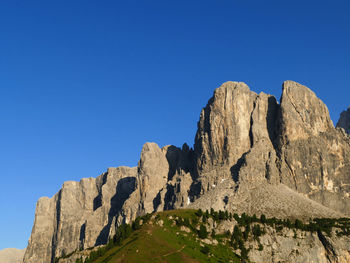 Low angle view of rock formations against clear blue sky