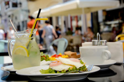 Close-up of food served on table