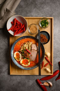 High angle view of food on table