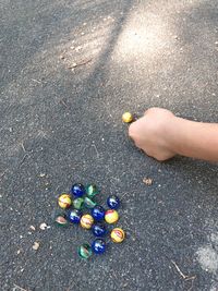 High angle view of multi colored human hand