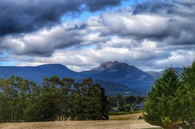 Scenic view of mountains against cloudy sky