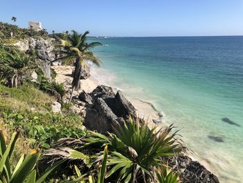 Scenic view of sea against clear sky