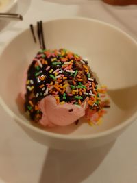 High angle view of dessert in plate on table