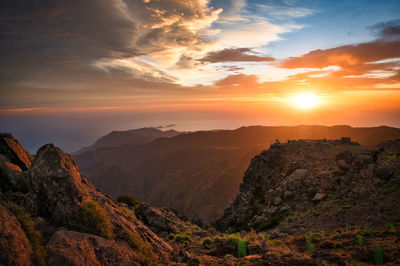 Scenic view of mountains against sky during sunset