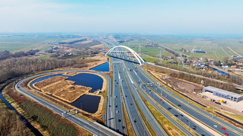 Aerial from the highway a1 near amsterdam with the zandhazen bridge in the netherlands