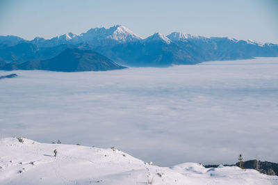 Scenic view of snow covered mountains against sky