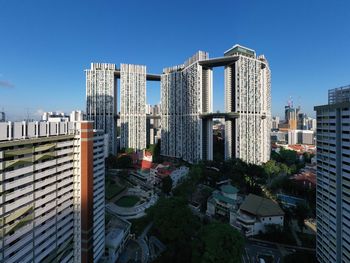 Buildings in city against clear blue sky