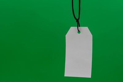 Close-up of paper hanging on green wall