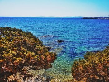 Scenic view of sea against clear blue sky