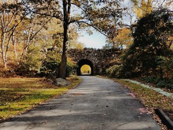 Empty road amidst trees against sky during autumn