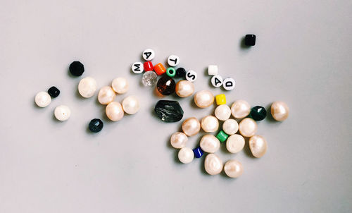 High angle view of multi colored balls on table