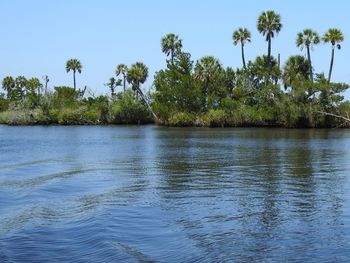 Scenic view of lake against clear sky