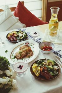 High angle view of breakfast served on table