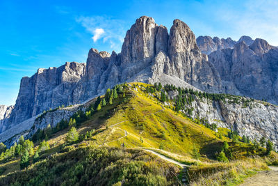 Panoramic view of rocky mountains against blue sky