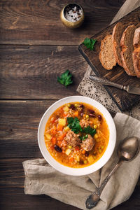 High angle view of soup in bowl on table