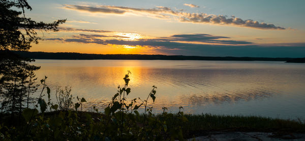 Scenic view to sea against sky at sunset