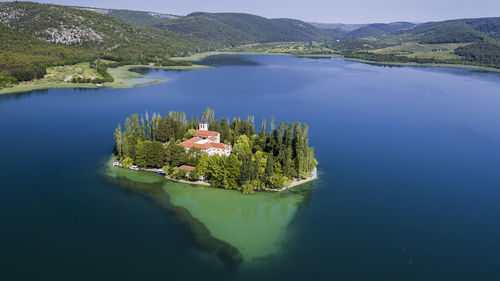 Aerial view of the visovac island with monastery on krka river