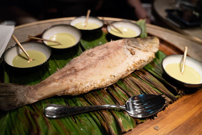 High angle view of fish on table