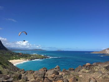 Scenic view of sea against blue sky