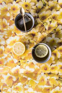 Teabag infused in making herbal tea on floral background