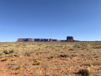 Old ruin on field against clear blue sky