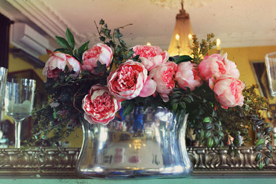 Close-up of pink roses in vase