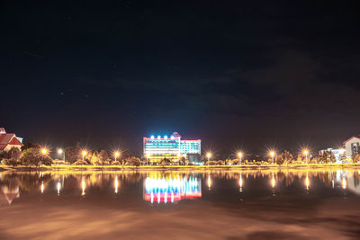 Reflection of illuminated buildings in city at night