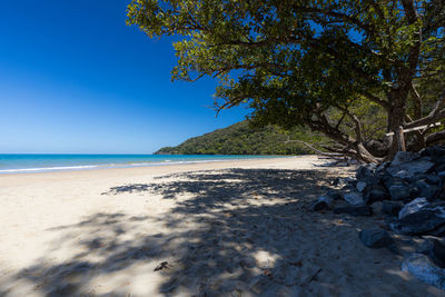 Scenic view of beach against clear blue sky