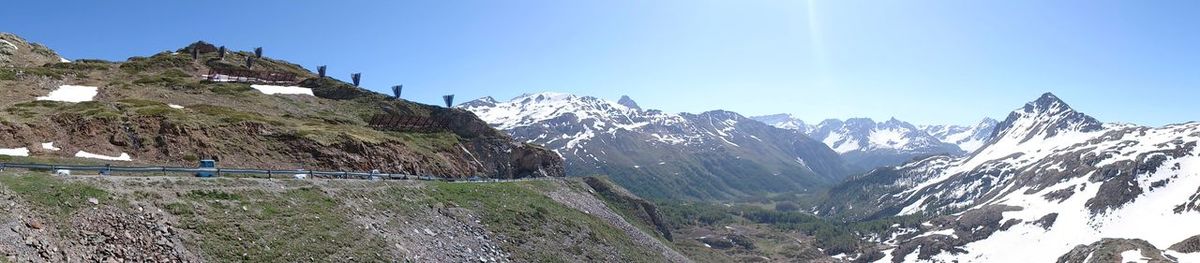 Scenic view of snowcapped mountains against clear sky