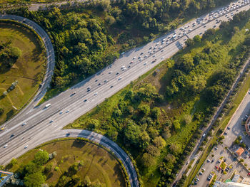 High angle view of traffic on road in city