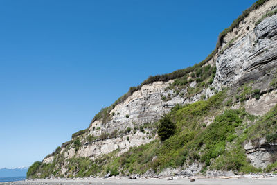 Low angle view of rocky mountain against clear blue sky