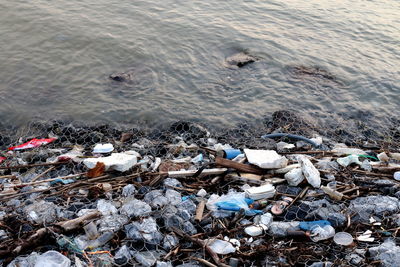 High angle view of garbage at beach