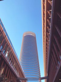 Low angle view of modern buildings against clear blue sky