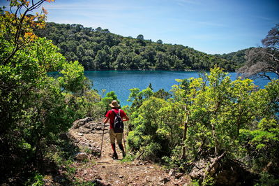 Rear view of senior man hiking along the lake shore in croatia