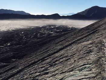 Aerial view of volcanic landscape against clear sky