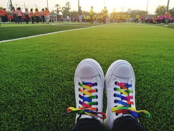 Low section of person wearing shoes on field