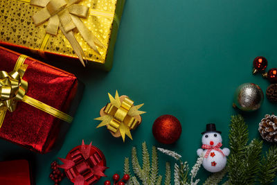 High angle view of christmas decorations on table