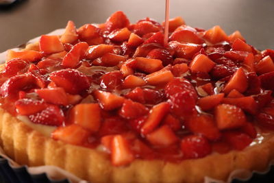 Close-up of chopped strawberries in plate