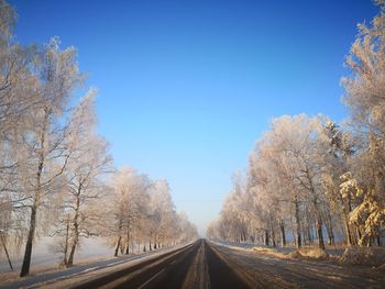 Road amidst trees against clear blue sky