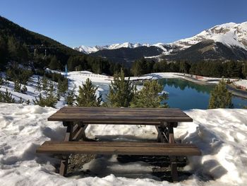 Scenic view of snowcapped mountains against clear sky