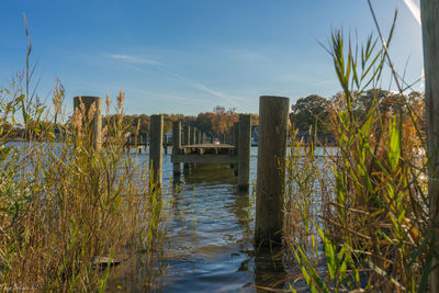 Wooden posts in river against sky